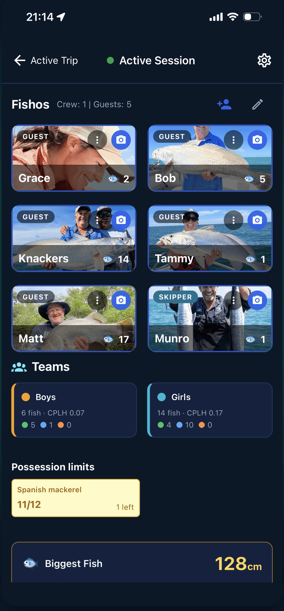 Active session screen: one-tap catch logging for the whole crew