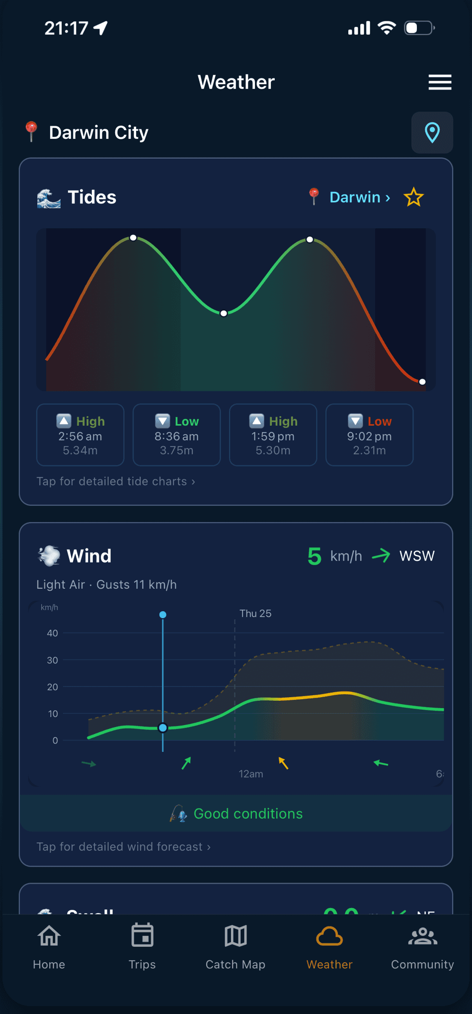 Tides, wind and swell on one weather screen with the Darwin tide curve